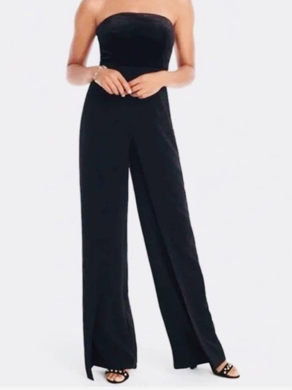 White House Black Market BLACK STRAPLESS VELVET TOP SPLIT-LEG JUMPSUIT-size 10